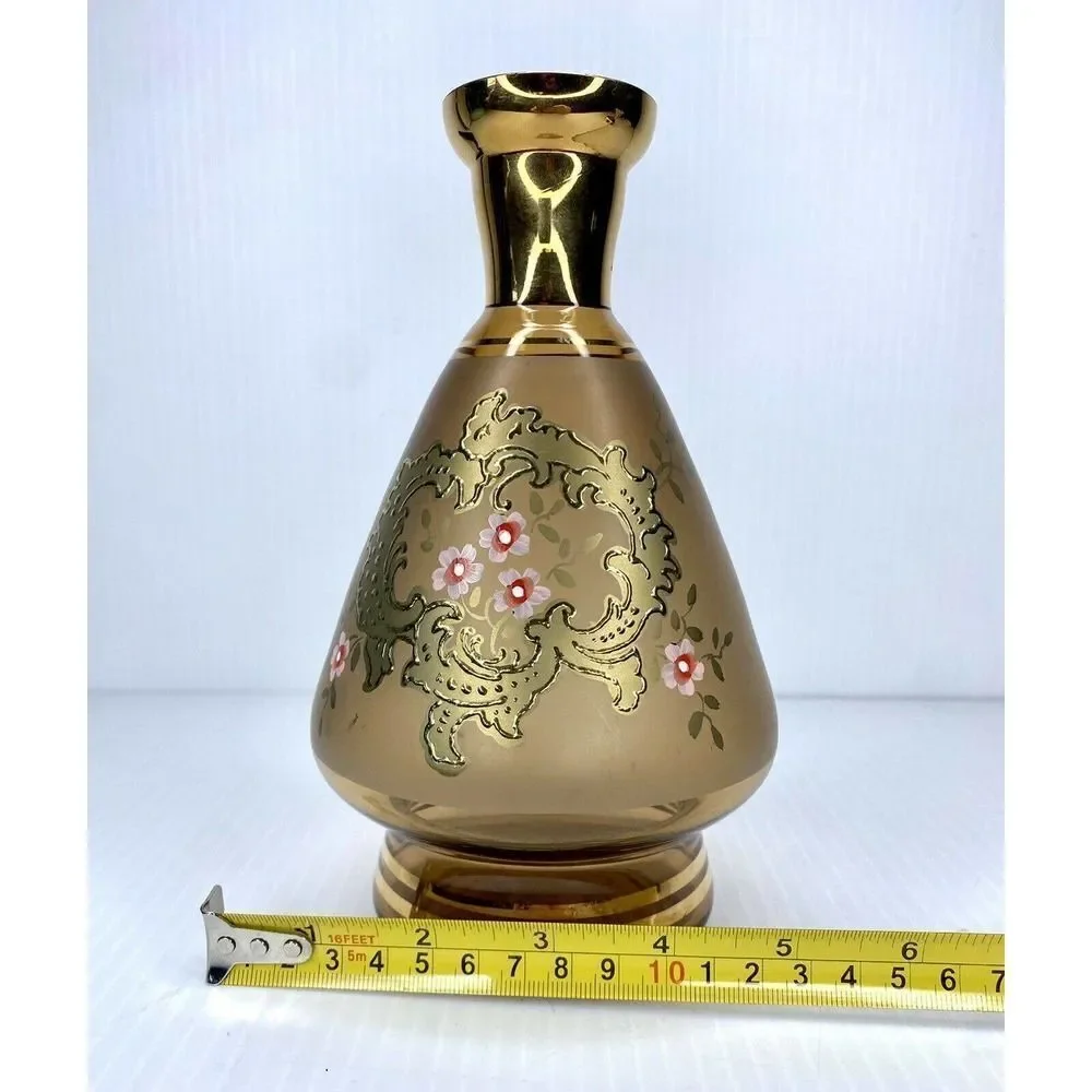 Beautifully Hand Painted Pink Floral Frosted Bohemian Wine Decanter Gold Trim